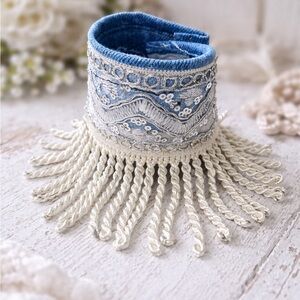 SIGNED OOAK Elegant Bohemian Fringe Bracelet Denim Shabby Chic Coachella 6.5-7.5